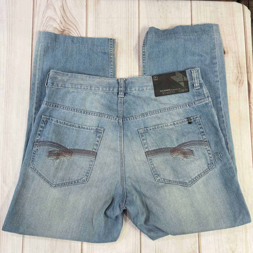Vintage Rocawear Baggy Men’s Jeans Embroidered Pockets Hip Hop Distressed 38x31